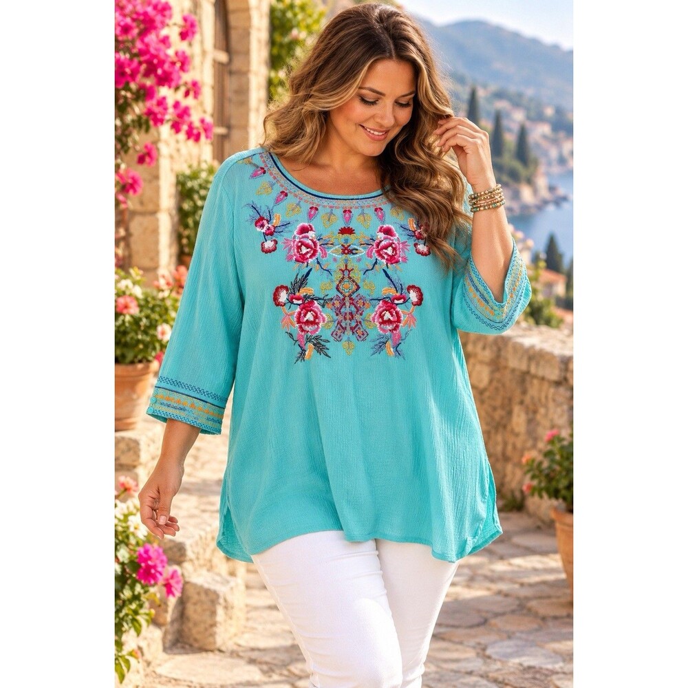 Calessa 1X Gauze Embroidered Tunic Top Crinkle Boho Floral Beach Vacation Artsy